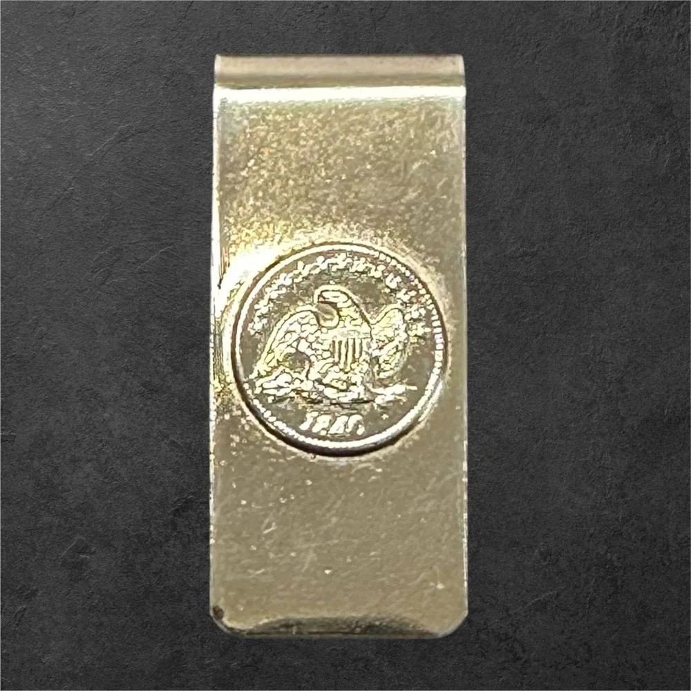 Vintage Money Clip Coin Design 1840 Liberty Style Silver Tone Minimalist‎